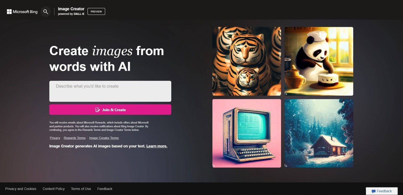 Bing AI is an AI image generator tool that allows users to create images from words and text. It can be used for generating images for marketing