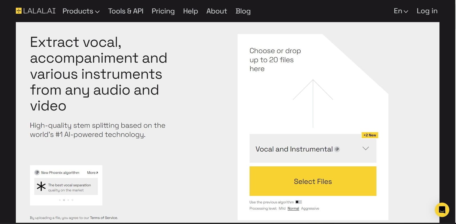 LALAL.AI is an AI audio and vocal remover tool to extract vocal