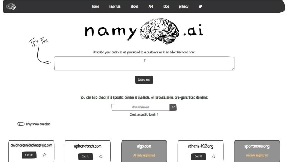 Namy.ai is an AI-powered domain name generator that helps you find the perfect domain name for your projects. Namy.ai is designed to create unique