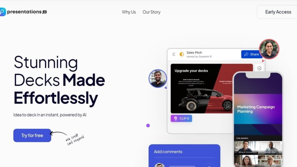 Presentations.AI is an AI presentation builder tool designed to transform ideas into visually appealing and engaging presentations in an instant.