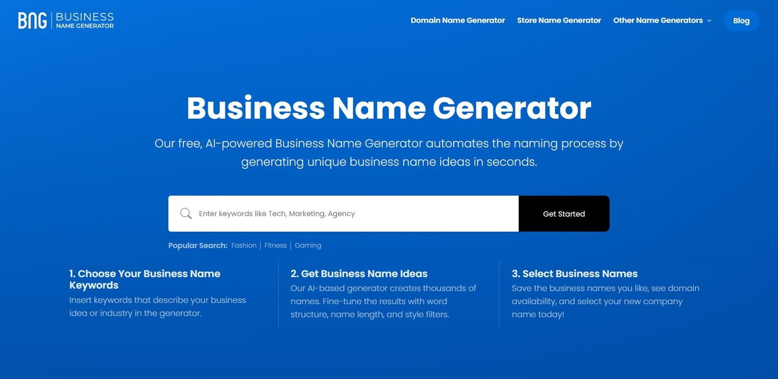 BNG is an AI name generator to produce business name ideas in seconds. You can also check for domain availability on the website.