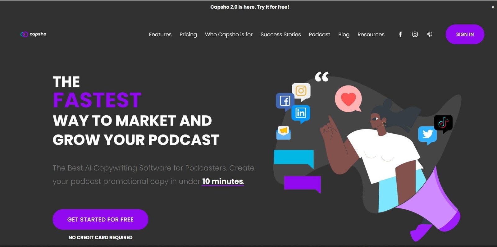 Capsho is an AI copywriting tool that helps podcasters create engaging and SEO-optimized content for promoting their podcasts across various platforms.