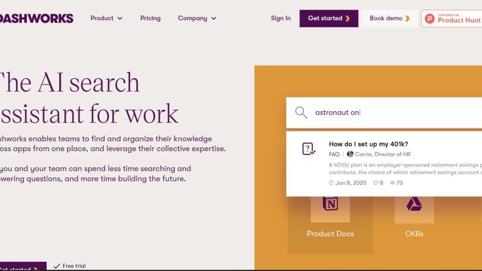 Dashworks is an AI search assistant for efficient knowledge discovery and organization for teams