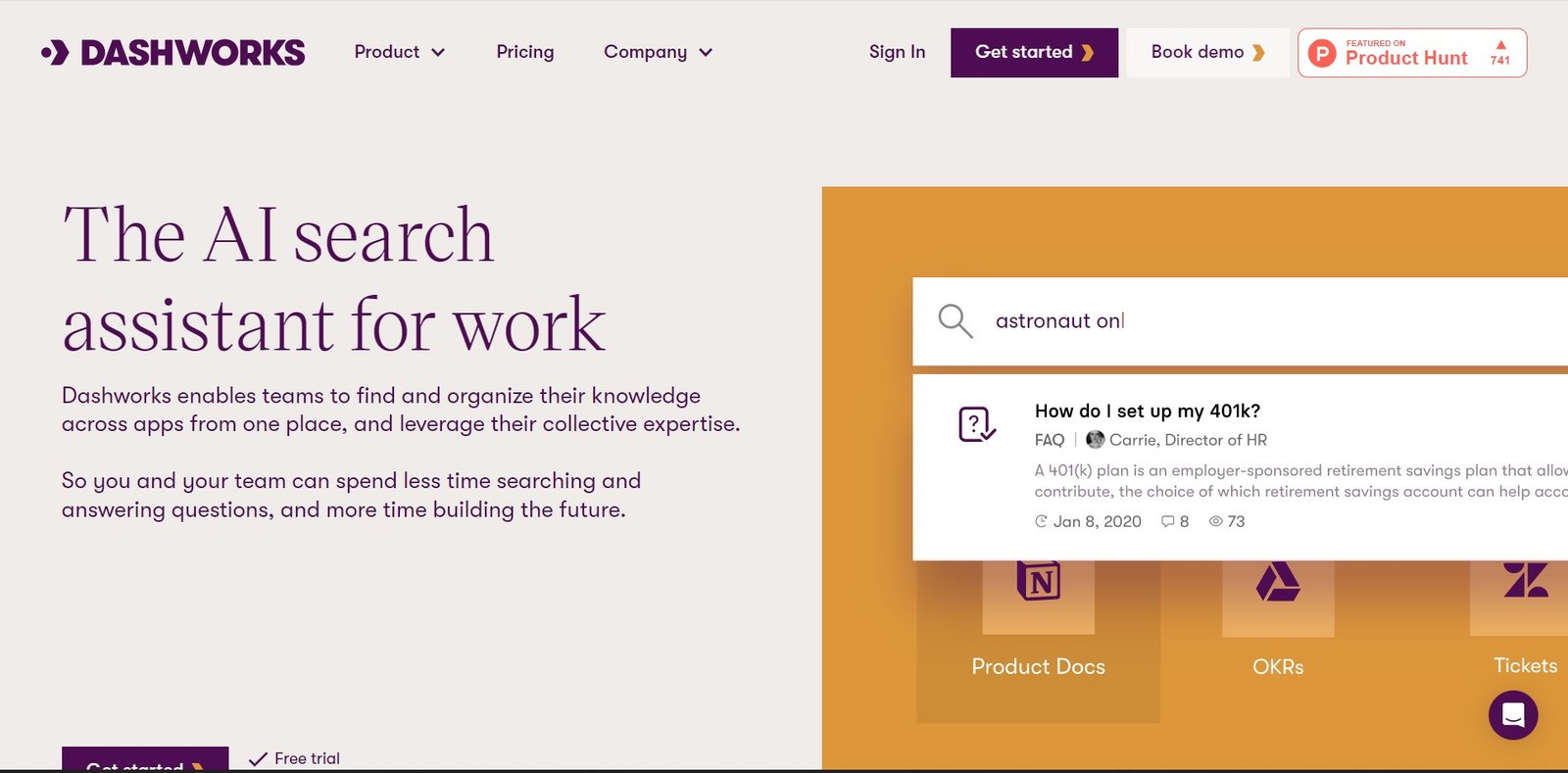 Dashworks is an AI search assistant for efficient knowledge discovery and organization for teams