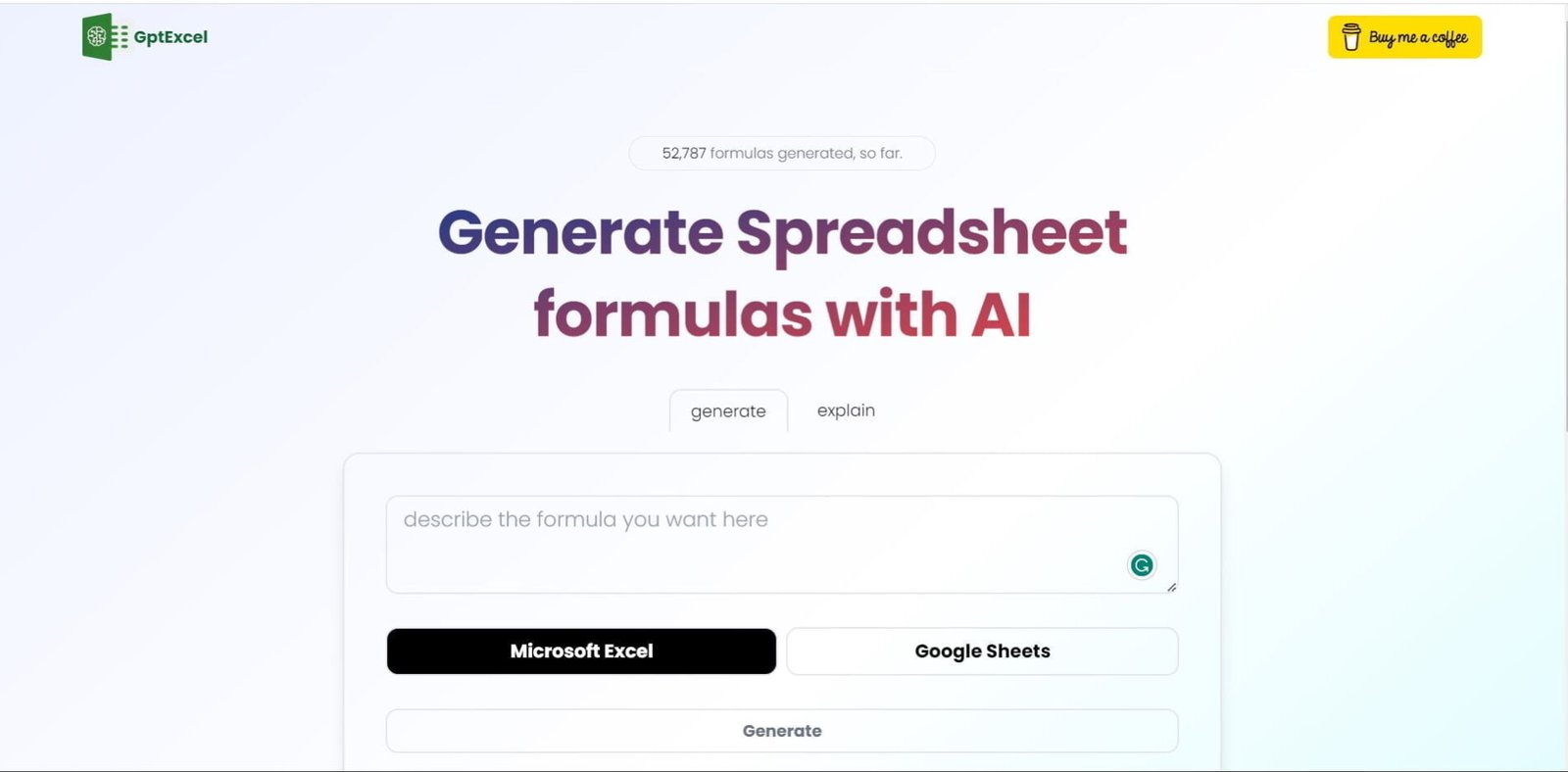 GptExcel is a free AI Excel tool that allows you to generate spreadsheet Excel formulas with AI. It can also explain the formula generated. 