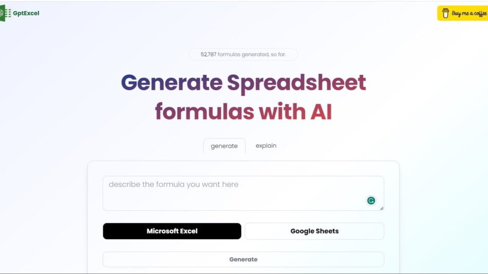 GptExcel is a free AI Excel tool that allows you to generate spreadsheet Excel formulas with AI. It can also explain the formula generated. 