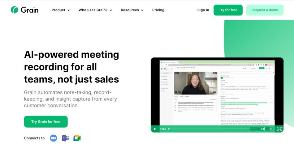 Grain is an AI-powered tool that automates meeting recording and provides insights for efficient teams