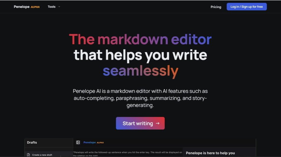 Penelope is an AI paraphrasing tool and markdown editor designed to help writers streamline their writing process. With a range of  features such as auto-completing