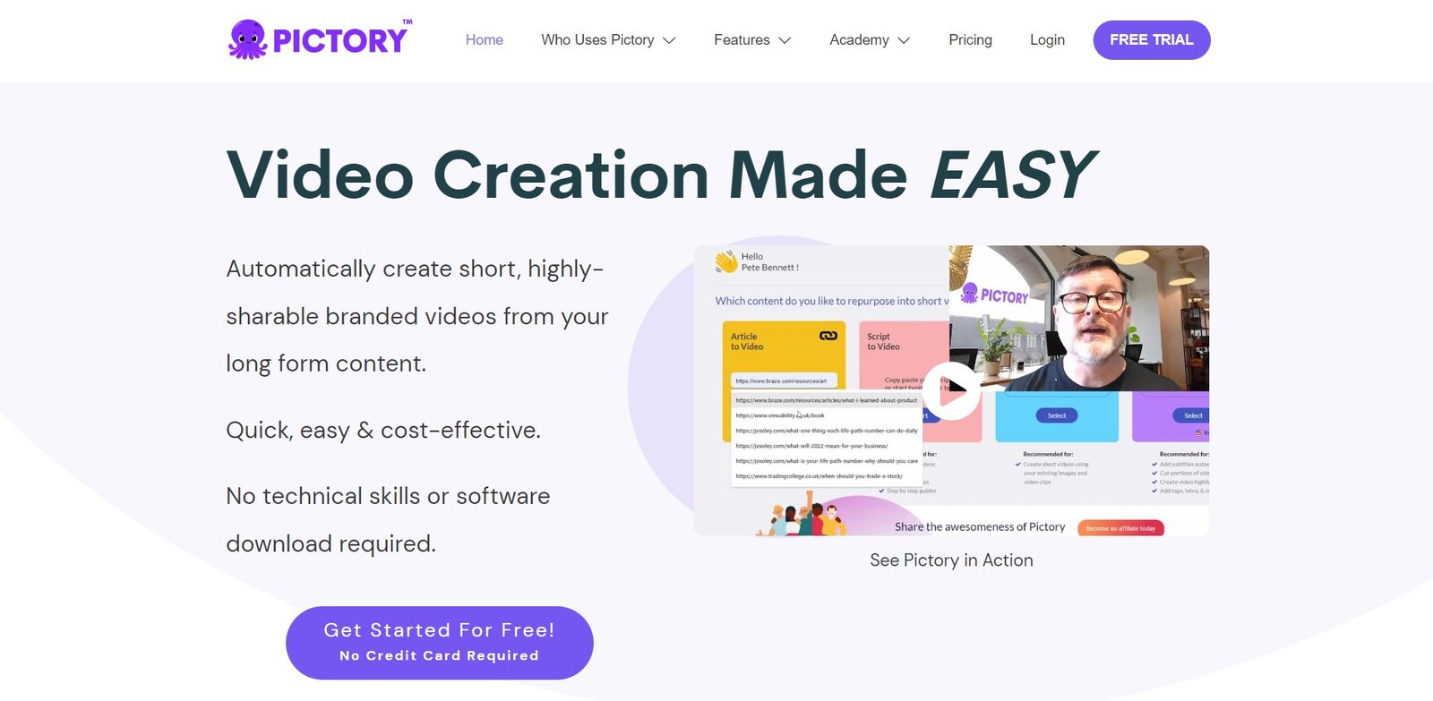 Pictory is an AI video tool that converts long-form content into shareable branded video snippets