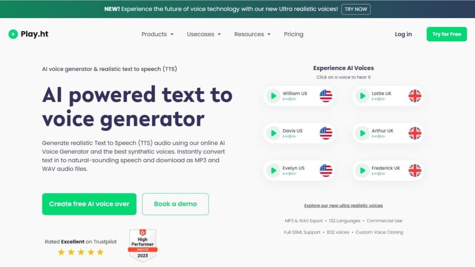 Play.ht is an AI voice generator and realistic text-to-speech (TTS) platform that instantly converts your text into natural-sounding speech.