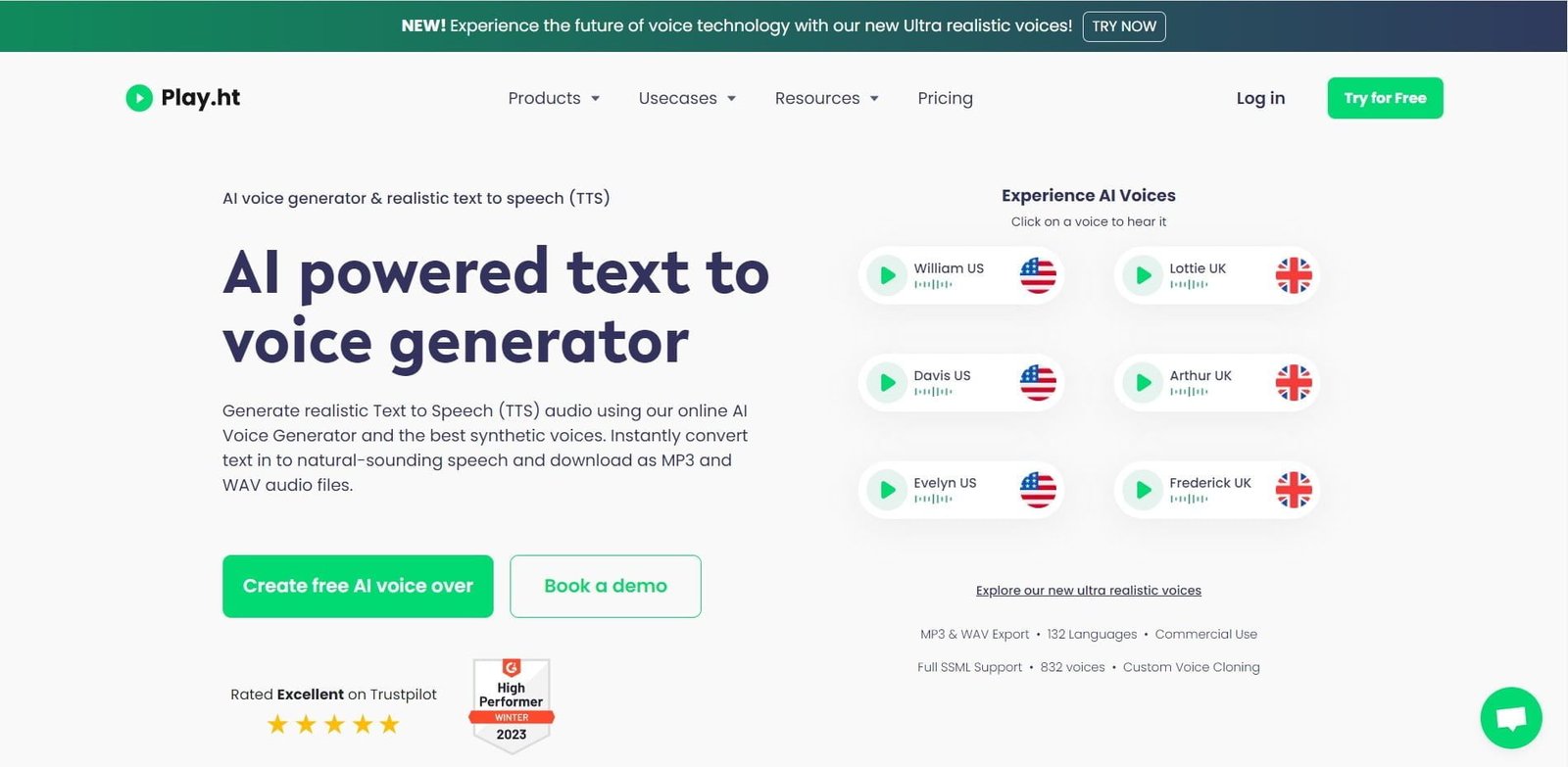 Play.ht is an AI voice generator and realistic text-to-speech (TTS) platform that instantly converts your text into natural-sounding speech.