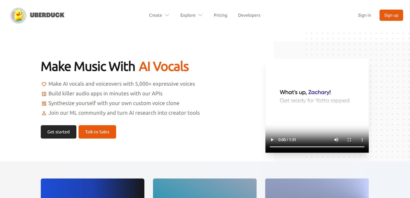 UberDuck is an AI vocal synthesis platform that allows users to create high-quality AI vocals and voiceovers 