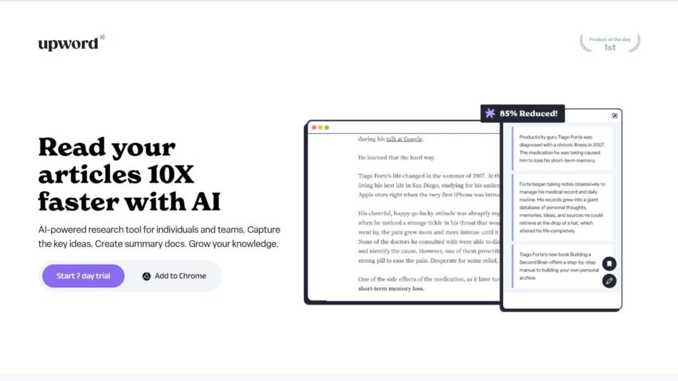 Upword AI summarizer and research tool designed to read articles