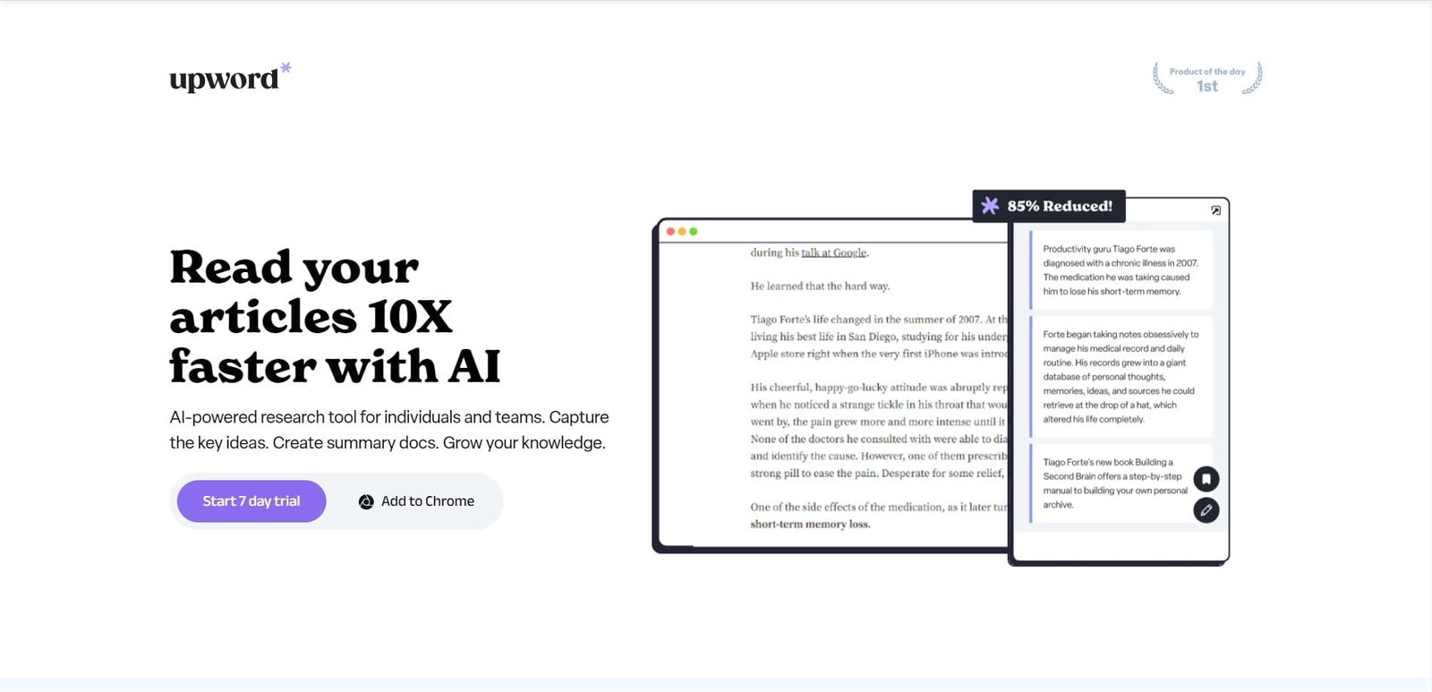 Upword AI summarizer and research tool designed to read articles